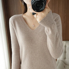 Women's Warm V-neck Pullover, Knitted Sweater, Korean Fashion, Long-sleeved, Loose Thin Inner Top, Autumn and Winter, New