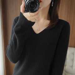 Women's Warm V-neck Pullover, Knitted Sweater, Korean Fashion, Long-sleeved, Loose Thin Inner Top, Autumn and Winter, New