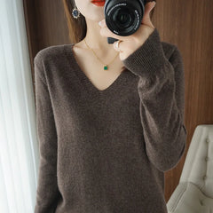 Women's Warm V-neck Pullover, Knitted Sweater, Korean Fashion, Long-sleeved, Loose Thin Inner Top, Autumn and Winter, New