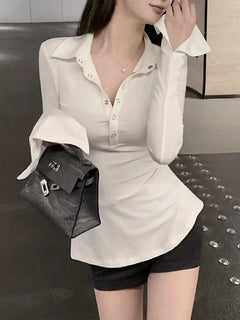 Gray Button Polo Neck T Shirt for Women Spring Autumn Slim Korean Clothing in Trend 2025 New Basic Pretty Youth Hot Woman Tshirt