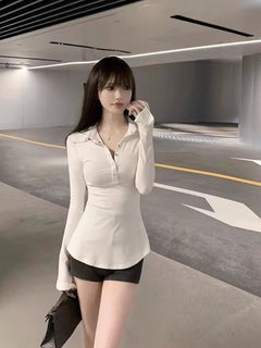 Gray Button Polo Neck T Shirt for Women Spring Autumn Slim Korean Clothing in Trend 2025 New Basic Pretty Youth Hot Woman Tshirt