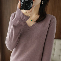 Women's Warm V-neck Pullover, Knitted Sweater, Korean Fashion, Long-sleeved, Loose Thin Inner Top, Autumn and Winter, New