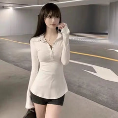 Gray Button Polo Neck T Shirt for Women Spring Autumn Slim Korean Clothing in Trend 2025 New Basic Pretty Youth Hot Woman Tshirt